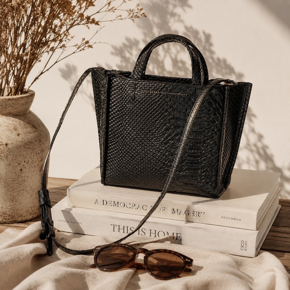 Ampersand As Apostrophe Black Snakeskin Embossed Leather Tote Crossbody Bag